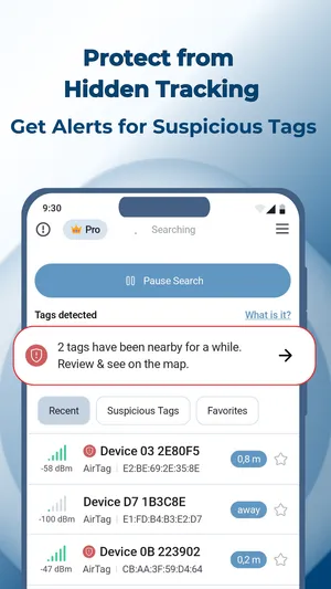 TFind on Android alerting that suspicious trackers have been nearby for a while, with the flagged devices listed
