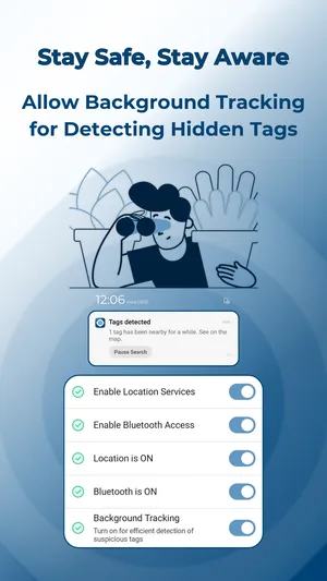 TFind on Android with Location, Bluetooth and Background Tracking permissions enabled for detecting hidden tags