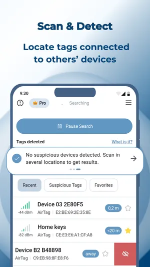 TFind on Android listing detected trackers with signal strength and distance, used to compare tracker-detector apps