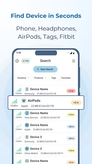 UFind on Android listing nearby Bluetooth devices — AirPods, phones and tags — with signal strength and an estimated distance